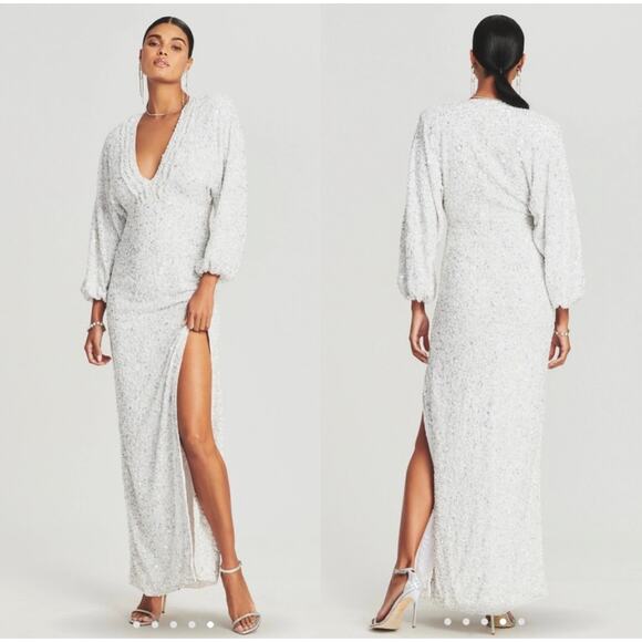 Retrofete Camille Dress Sequin Chiffon Maxi White Embellished Long Sleeve Gown S - Picture 14 of 15